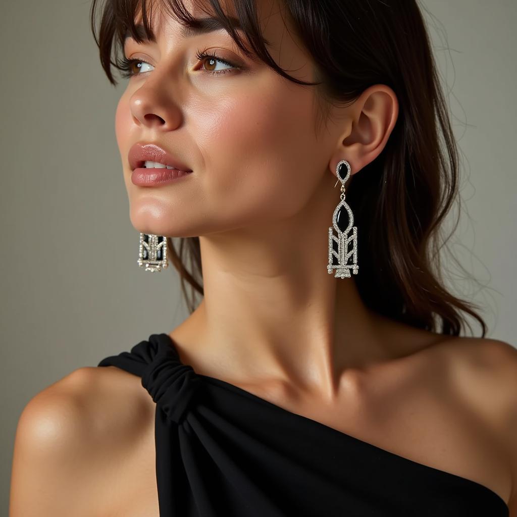 Woman Wearing Art Deco Onyx Earrings with a Black Dress