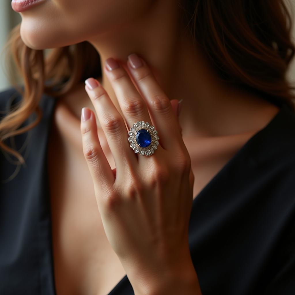 Woman Wearing a Vintage Art Deco Diamond and Sapphire Ring