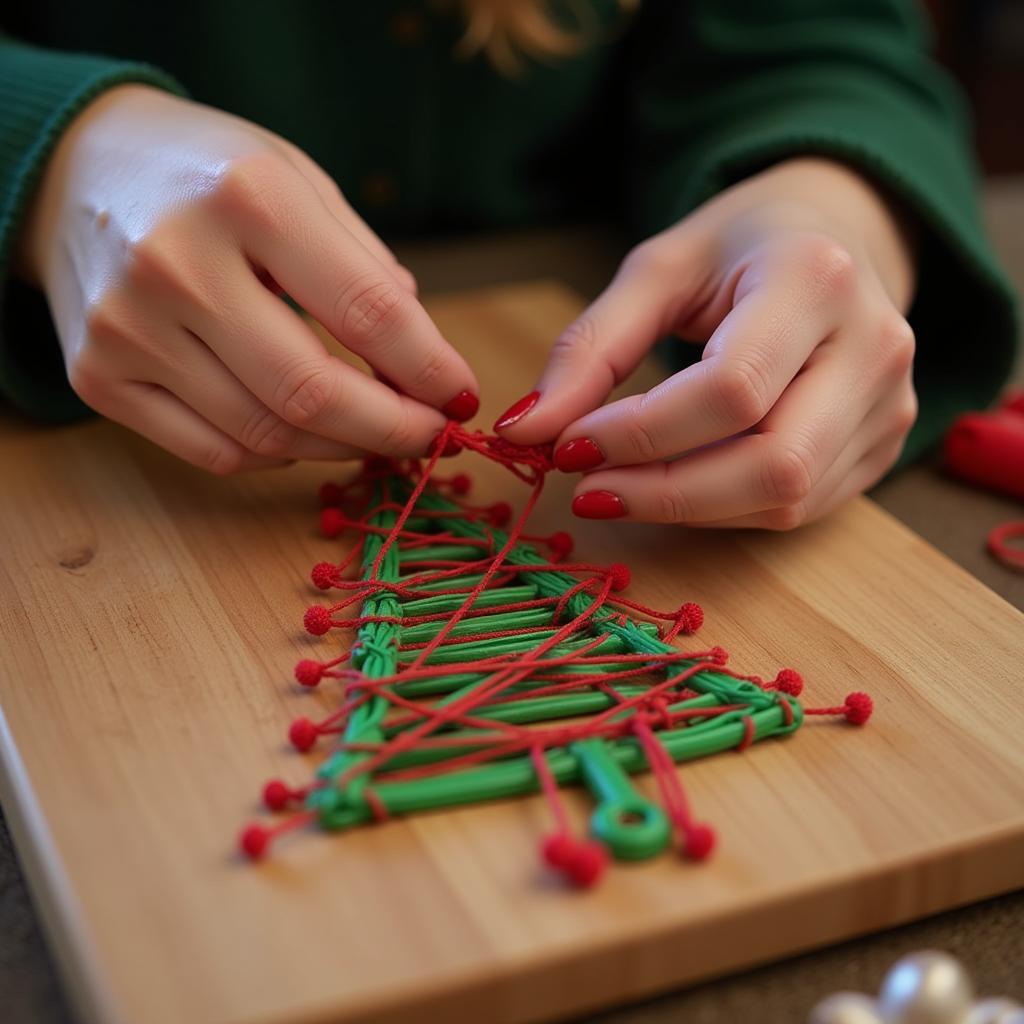 Woman Wrapping String Around Nails on Wooden Board for Christmas String Art