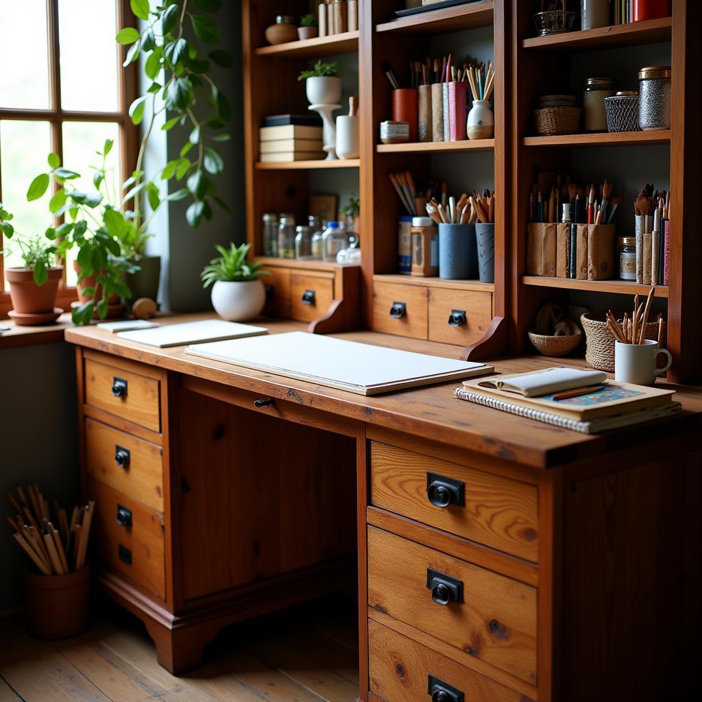 Wood art desk with storage drawers for organizing art supplies