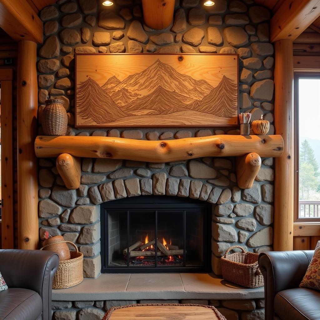 Rustic Wooden Mountain Art in a Cabin Setting