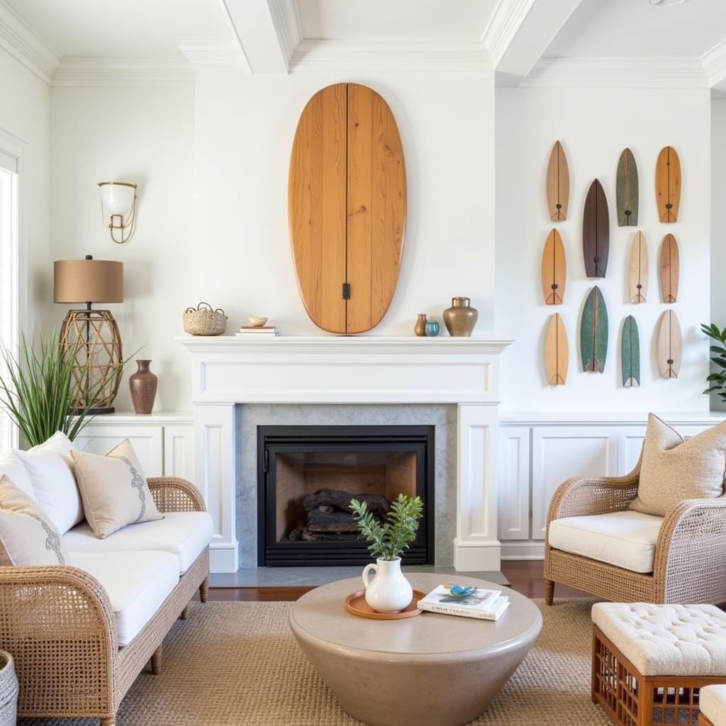 Wooden Surfboard Wall Art in a Living Room Setting