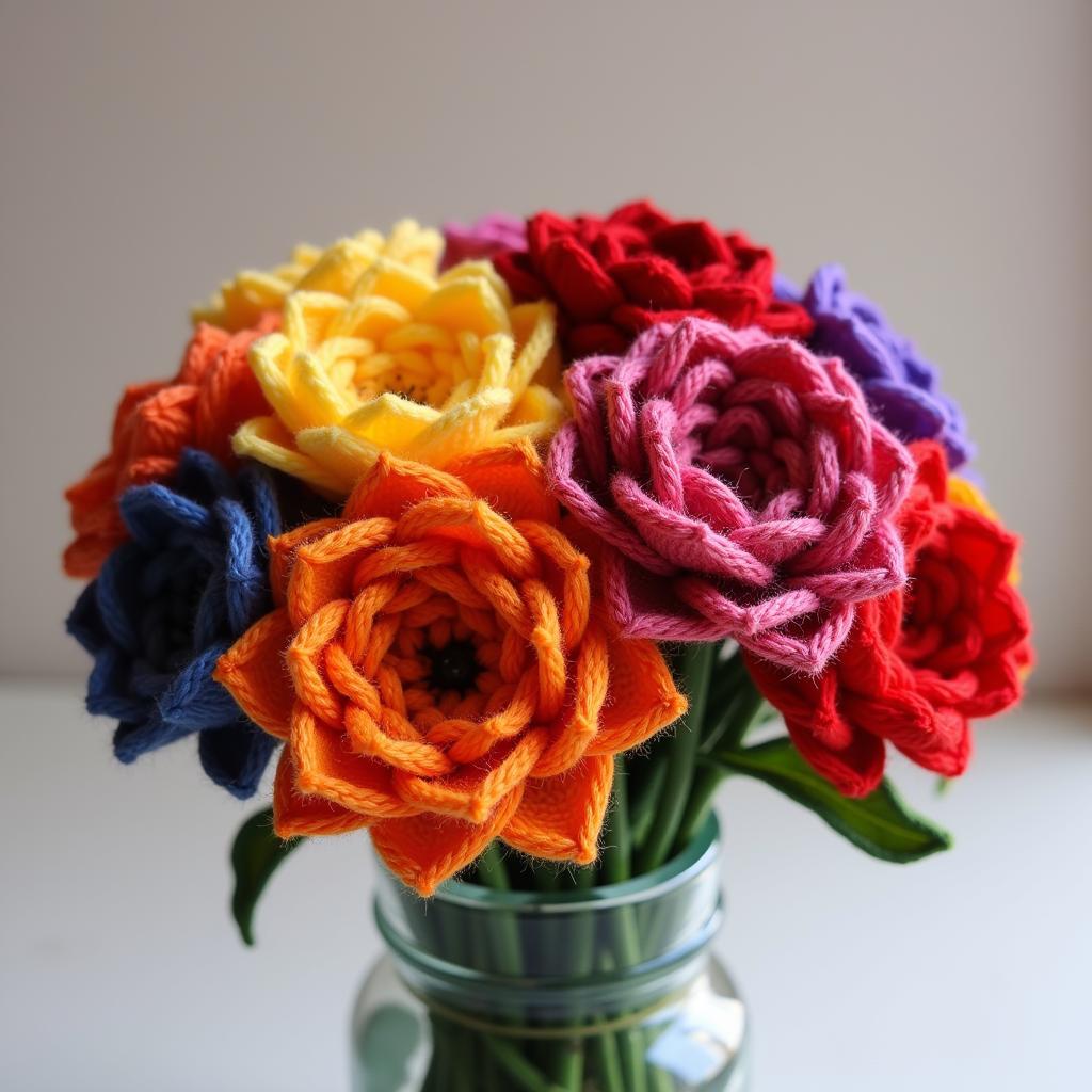 A colorful bouquet of yarn art flowers displayed in a vase