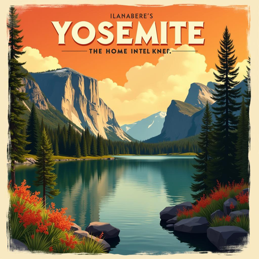 Yosemite National Park Vintage Poster Wall Art: A colorful vintage-style travel poster depicting Yosemite's iconic landmarks, perfect for a retro-themed room.