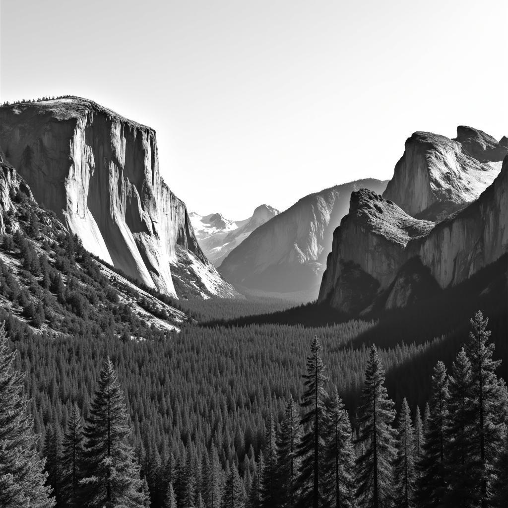 Yosemite Valley Black and White Wall Art: A stunning black and white photograph capturing the iconic Yosemite Valley, featuring El Capitan and Half Dome, perfect for a minimalist living room.