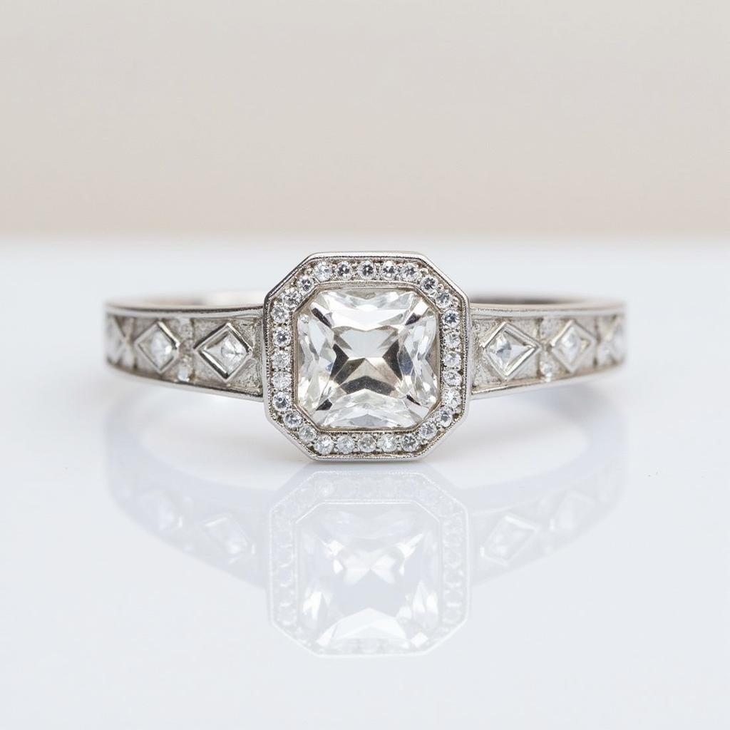 A platinum 1920s art deco engagement ring with a central diamond and intricate geometric detailing.