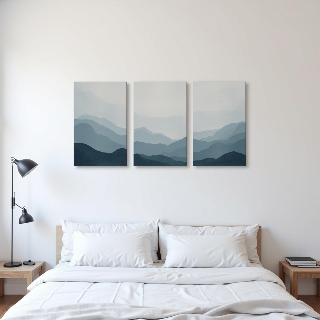 Serene 3 Panel Abstract Art in a Bedroom Setting