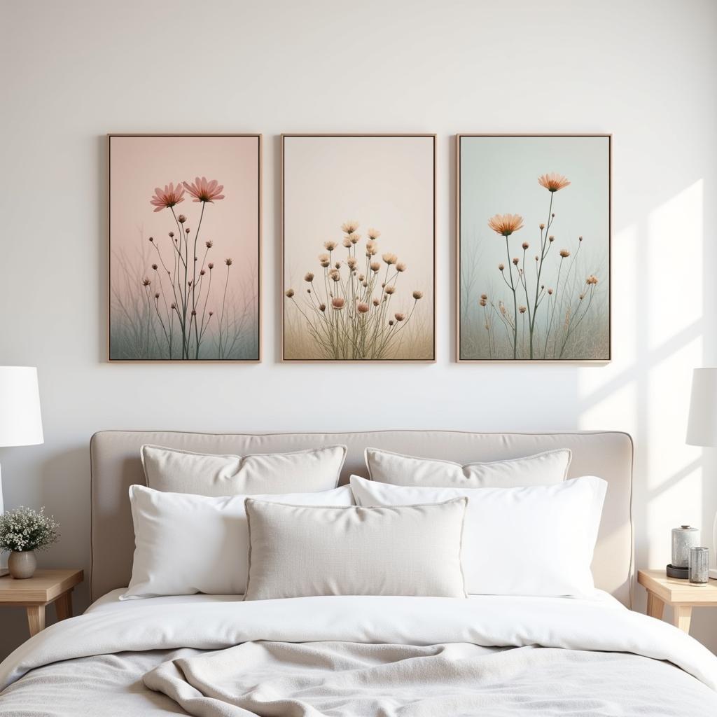 A calming 3 piece wall art set hangs above a bed in a serene bedroom, featuring soft pastel colors and a nature-inspired theme.