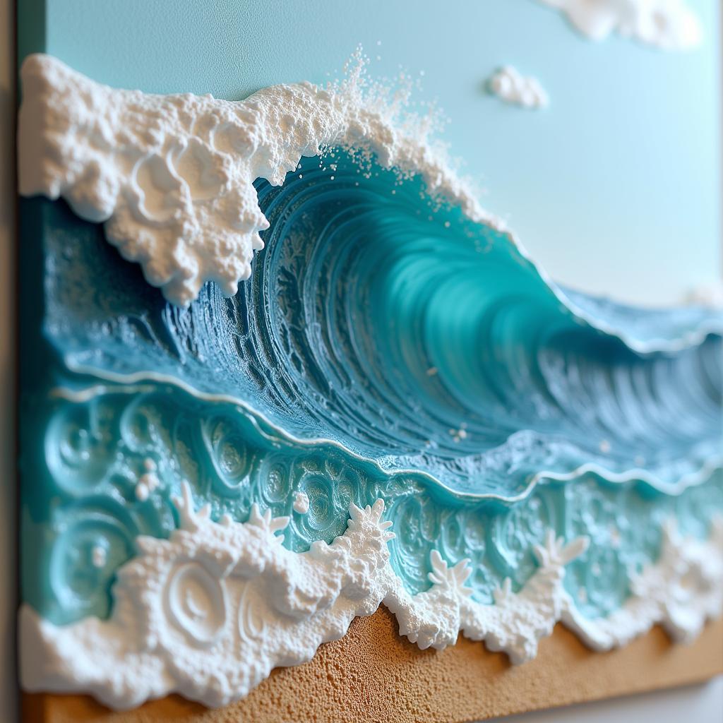 Close-up of a 3D beach wall art piece