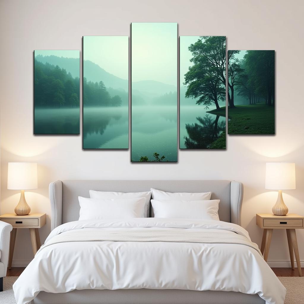 Tranquil Bedroom with 5 Piece Wall Art