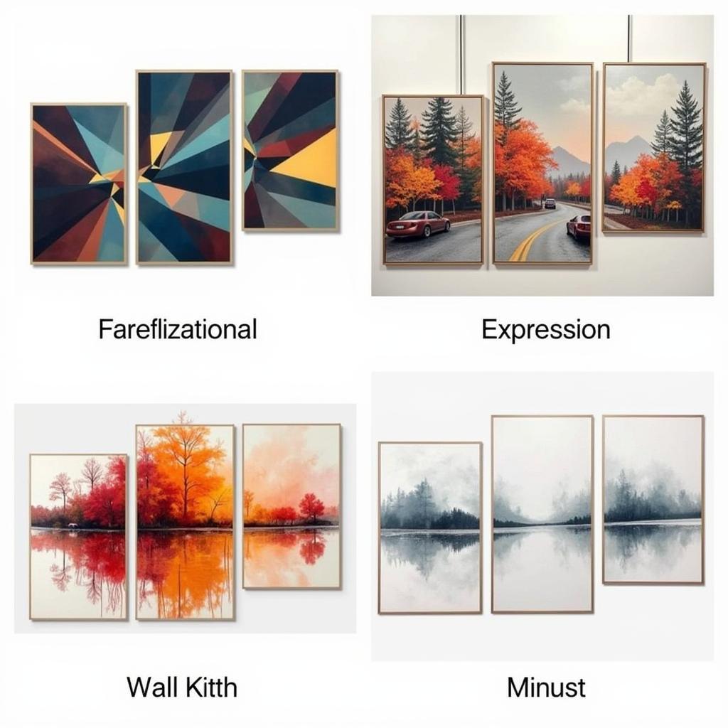 Examples of different styles in abstract 3 piece wall art, including geometric, expressionist, and minimalist.