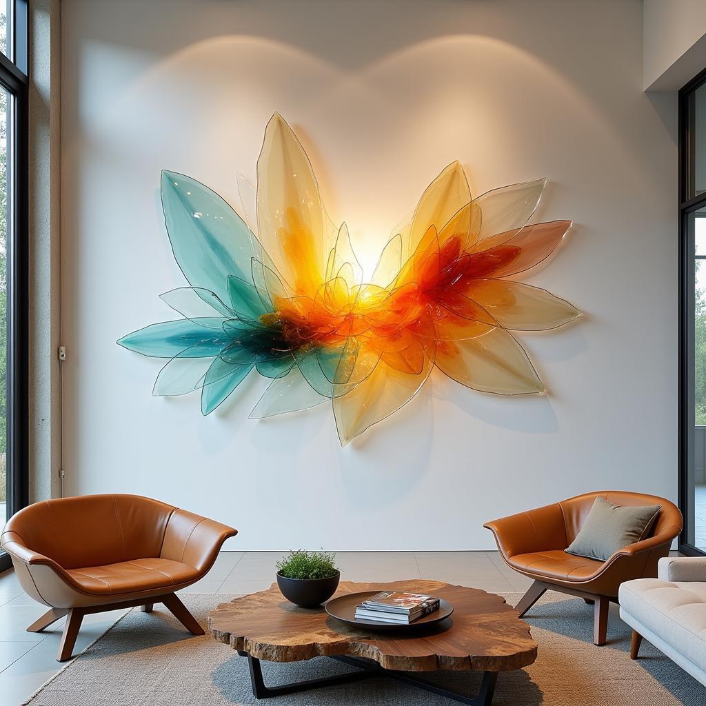 Abstract Glass Wall Sculpture in Modern Interior