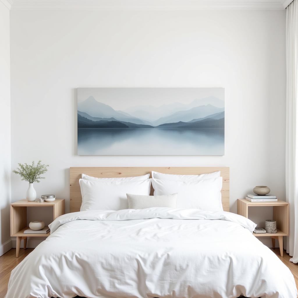 Serene Abstract Horizontal Wall Art in a Minimalist Bedroom