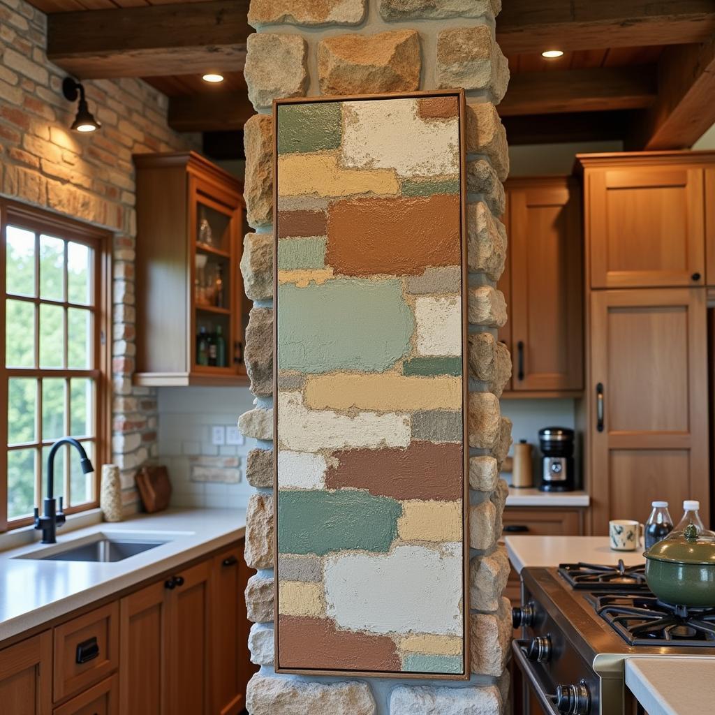 Abstract kitchen wall art in a rustic style kitchen, featuring earthy tones and natural textures.