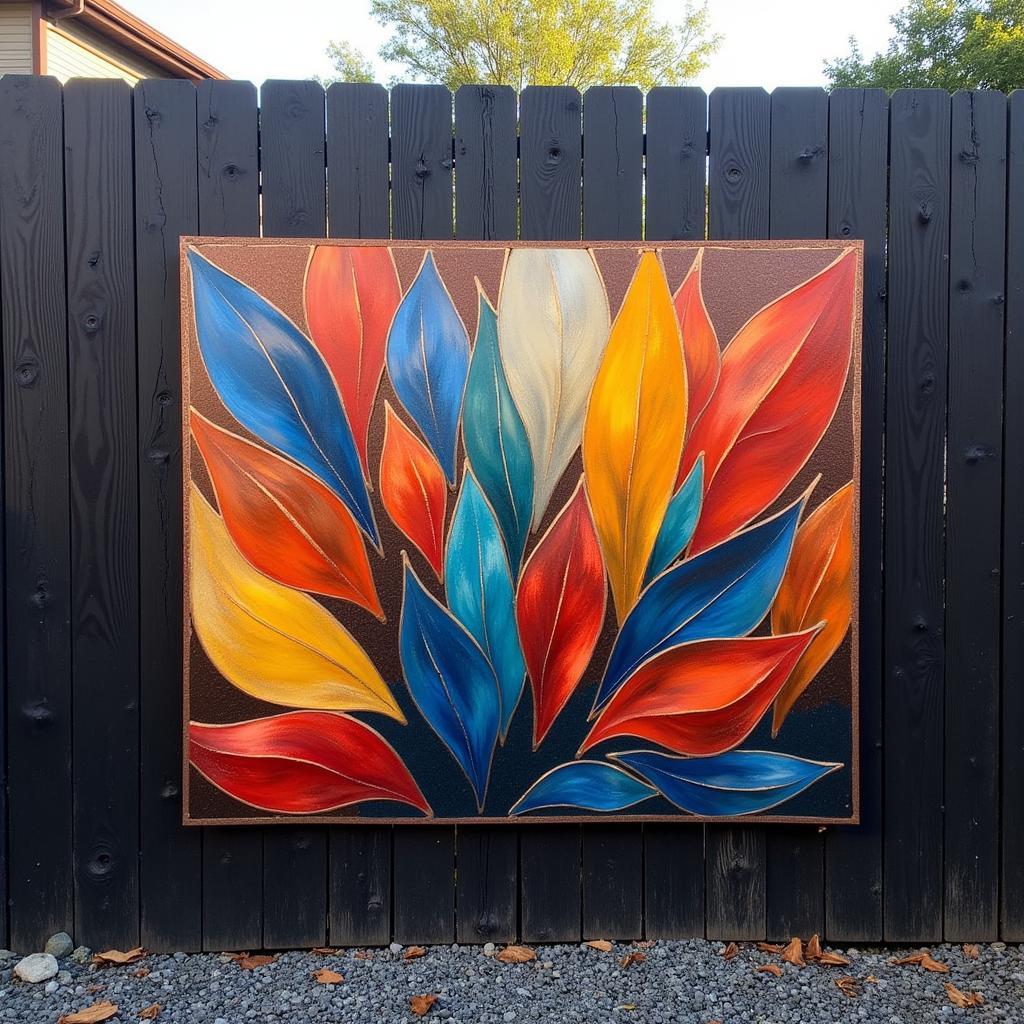 Abstract metal wall art on a fence