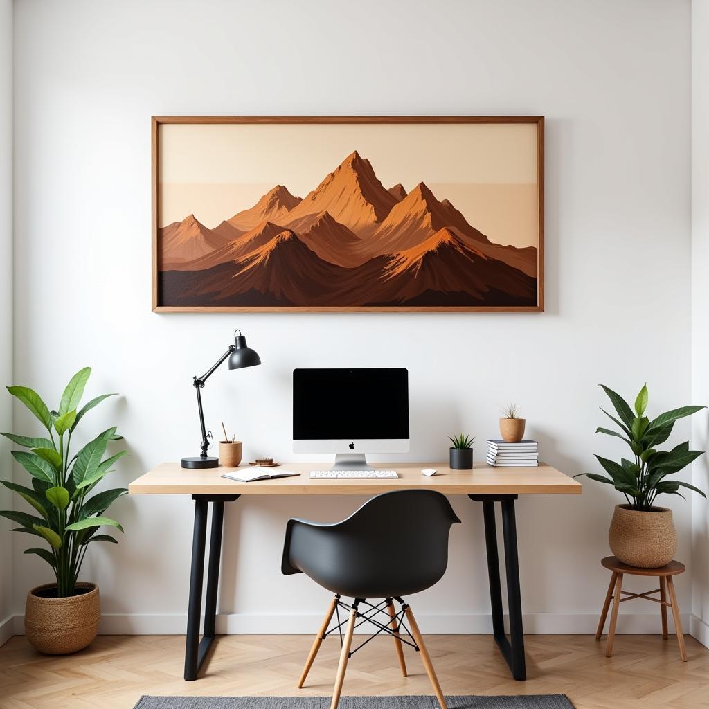 Abstract mountain wood wall art in a home office