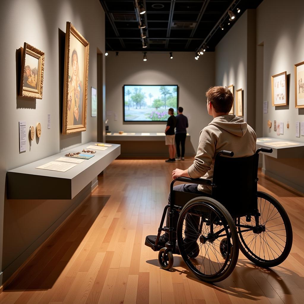 Accessibility and Inclusion in the Arts: A wheelchair user enjoying a museum exhibit with tactile elements, demonstrating inclusive design practices.