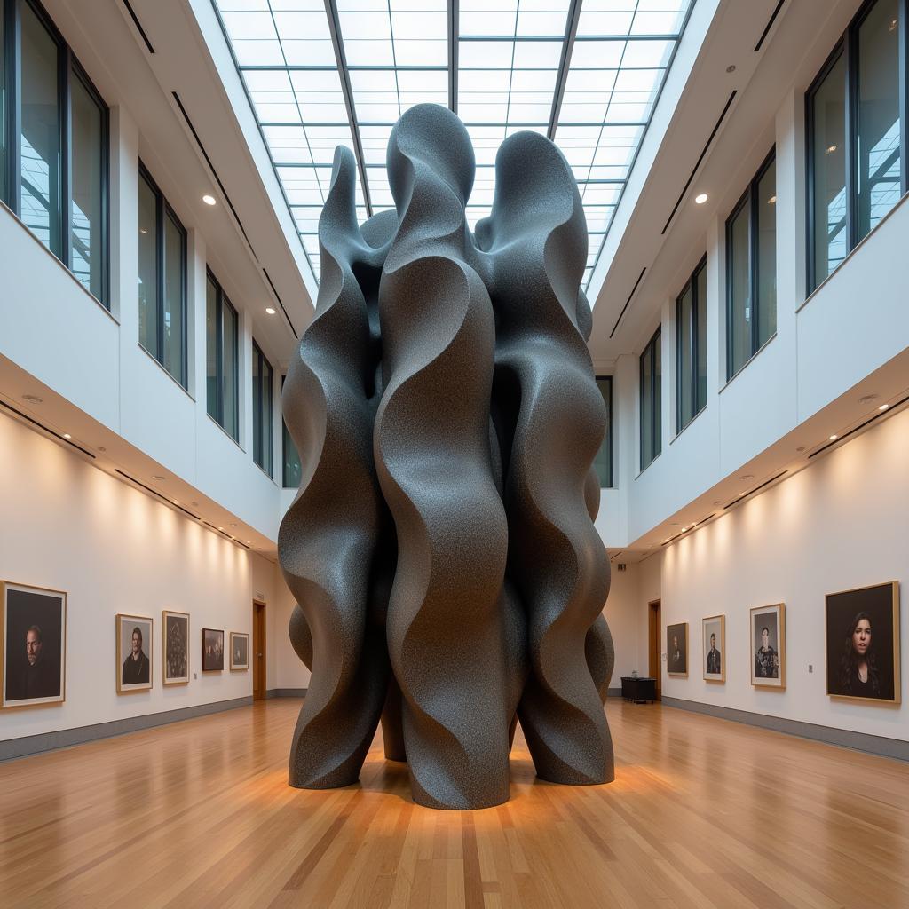 A large, abstract acoustic art sculpture displayed in a museum.