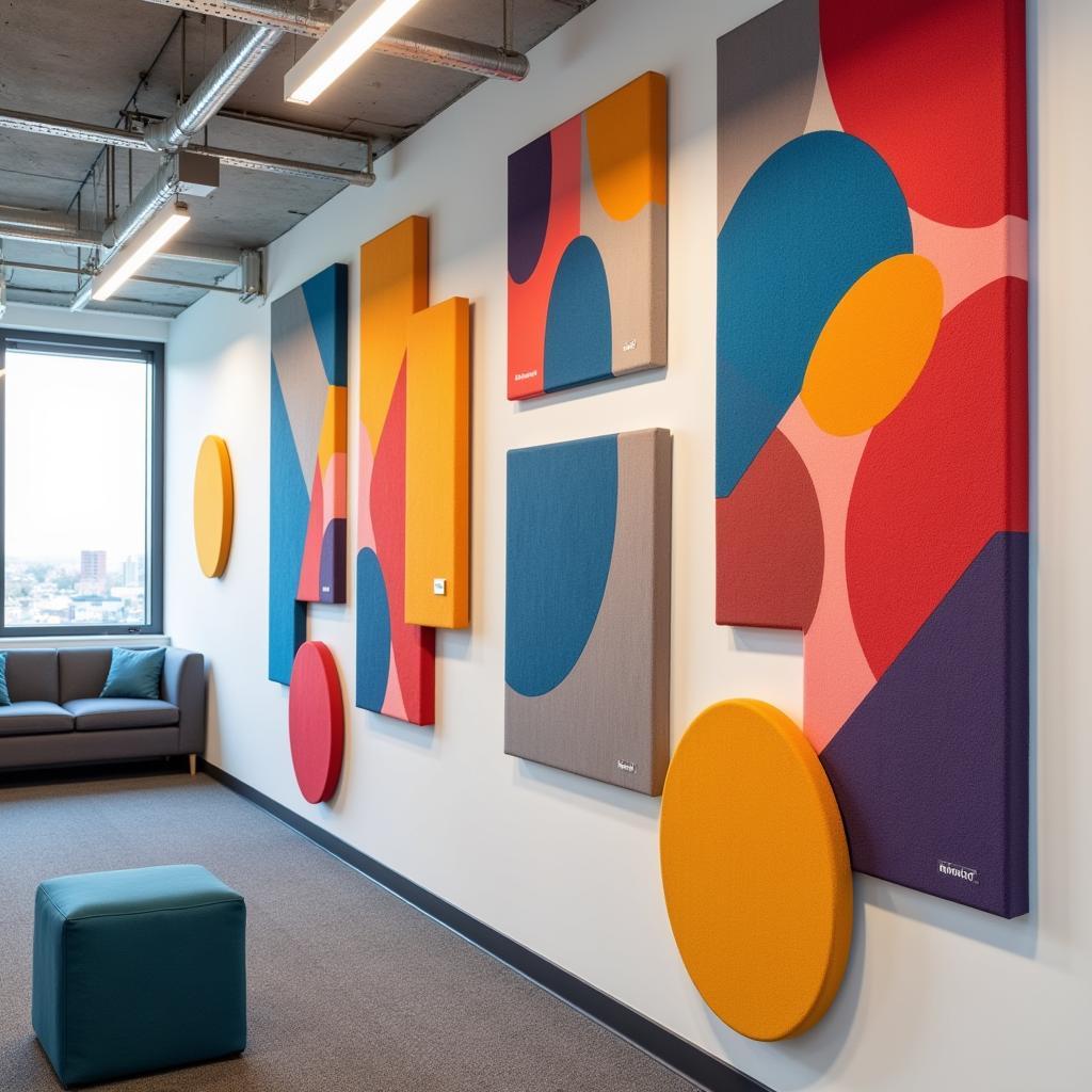 Acoustic art wall panels installed in a modern office setting.