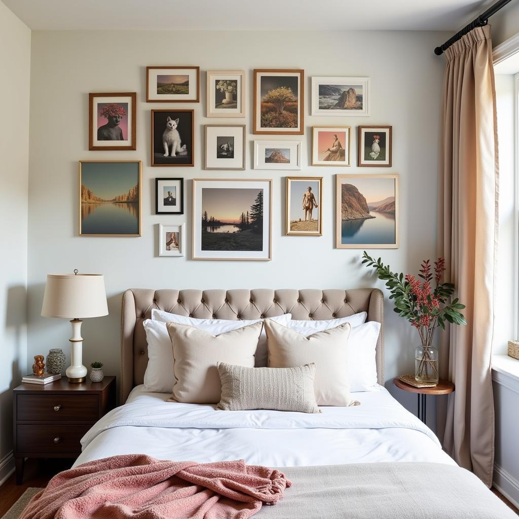 Bedroom featuring a gallery wall of smaller acrylic art pieces