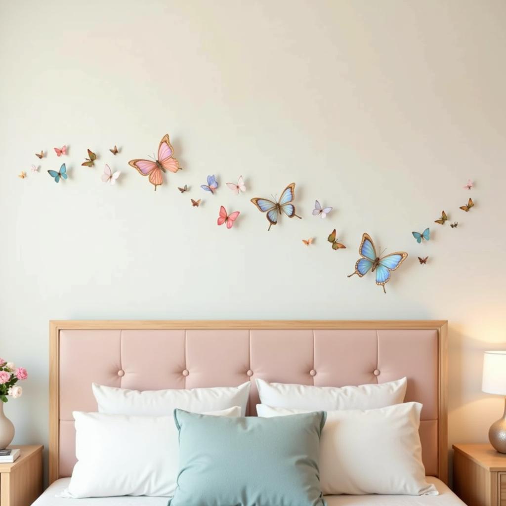 Acrylic butterfly wall art in a serene bedroom setting.