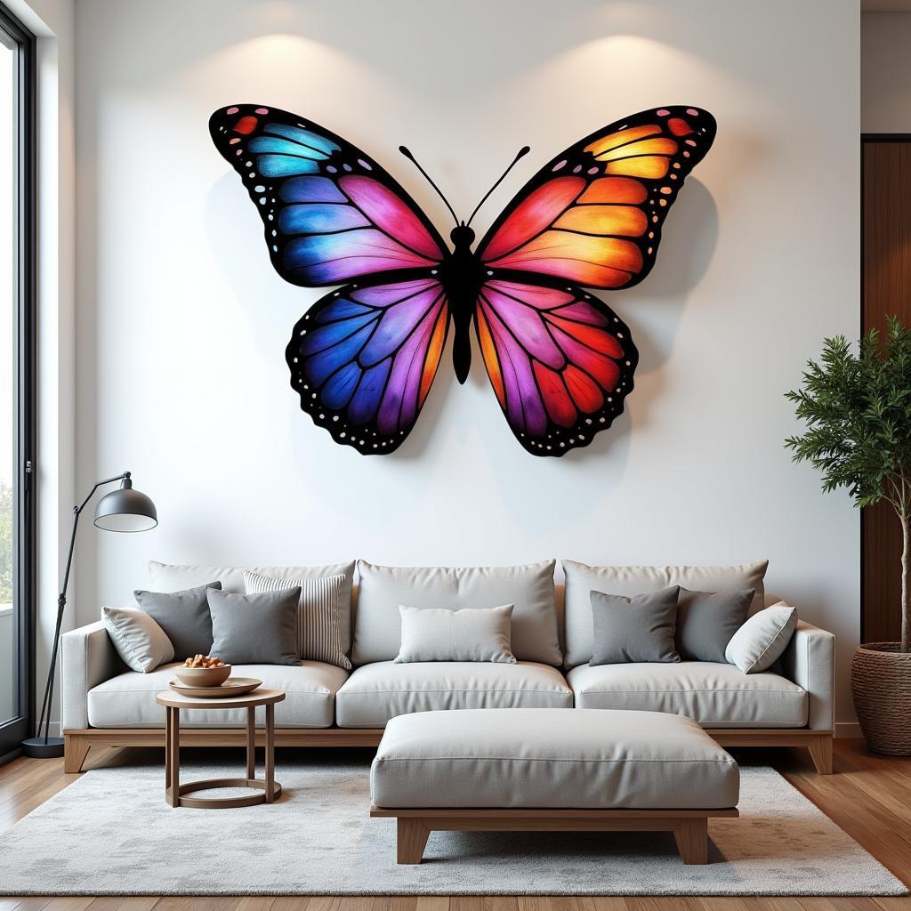 Modern living room with acrylic butterfly wall art as a focal point.