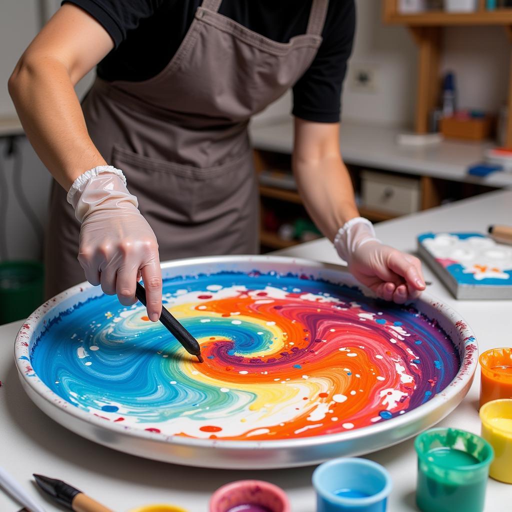 Adult using a spin art machine to create vibrant abstract art