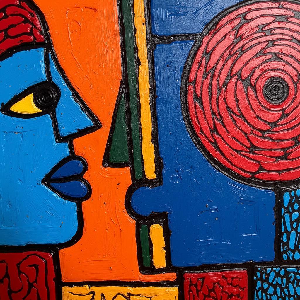 Close-up of an African abstract painting, highlighting the symbolic use of color and intricate details.