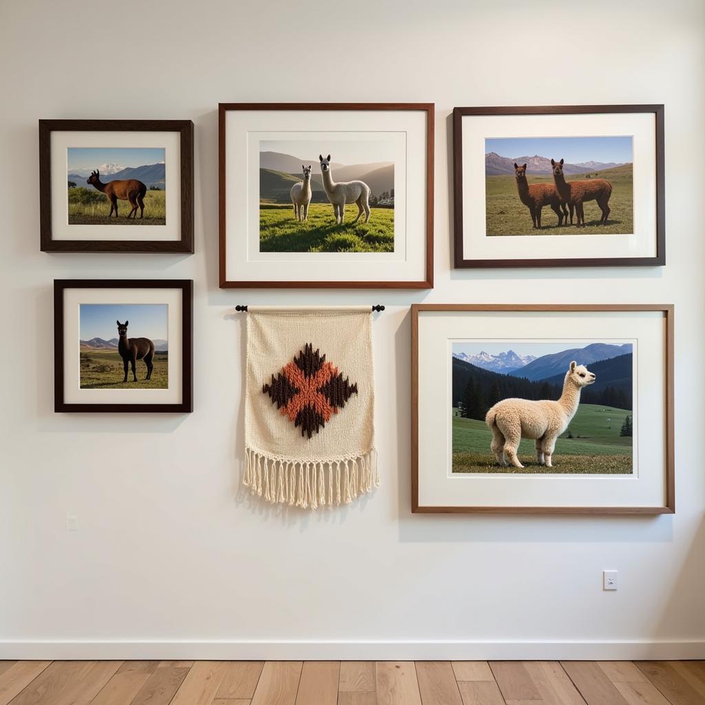 Alpaca themed gallery wall with various framed prints and a small woven tapestry.