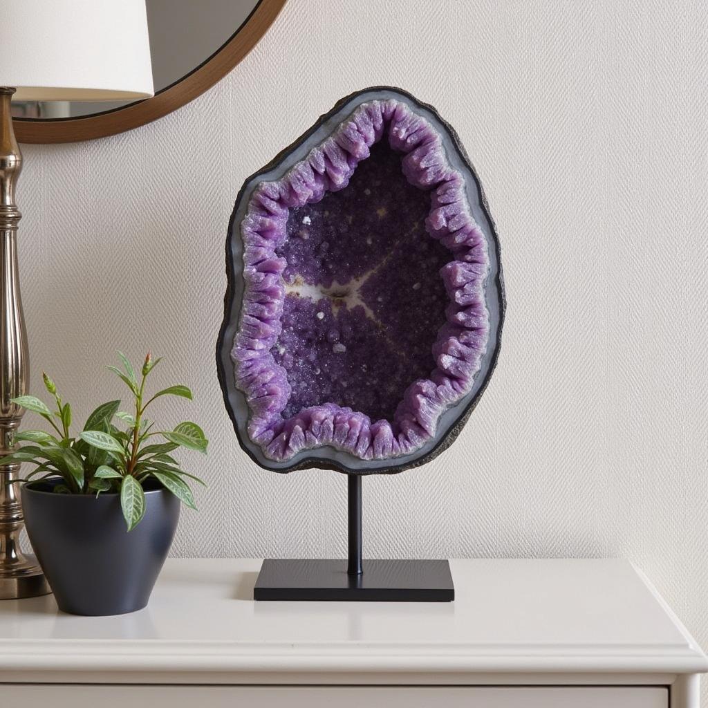 A large amethyst geode wall art piece displayed prominently in a modern living room, creating a focal point and adding a luxurious touch to the space.