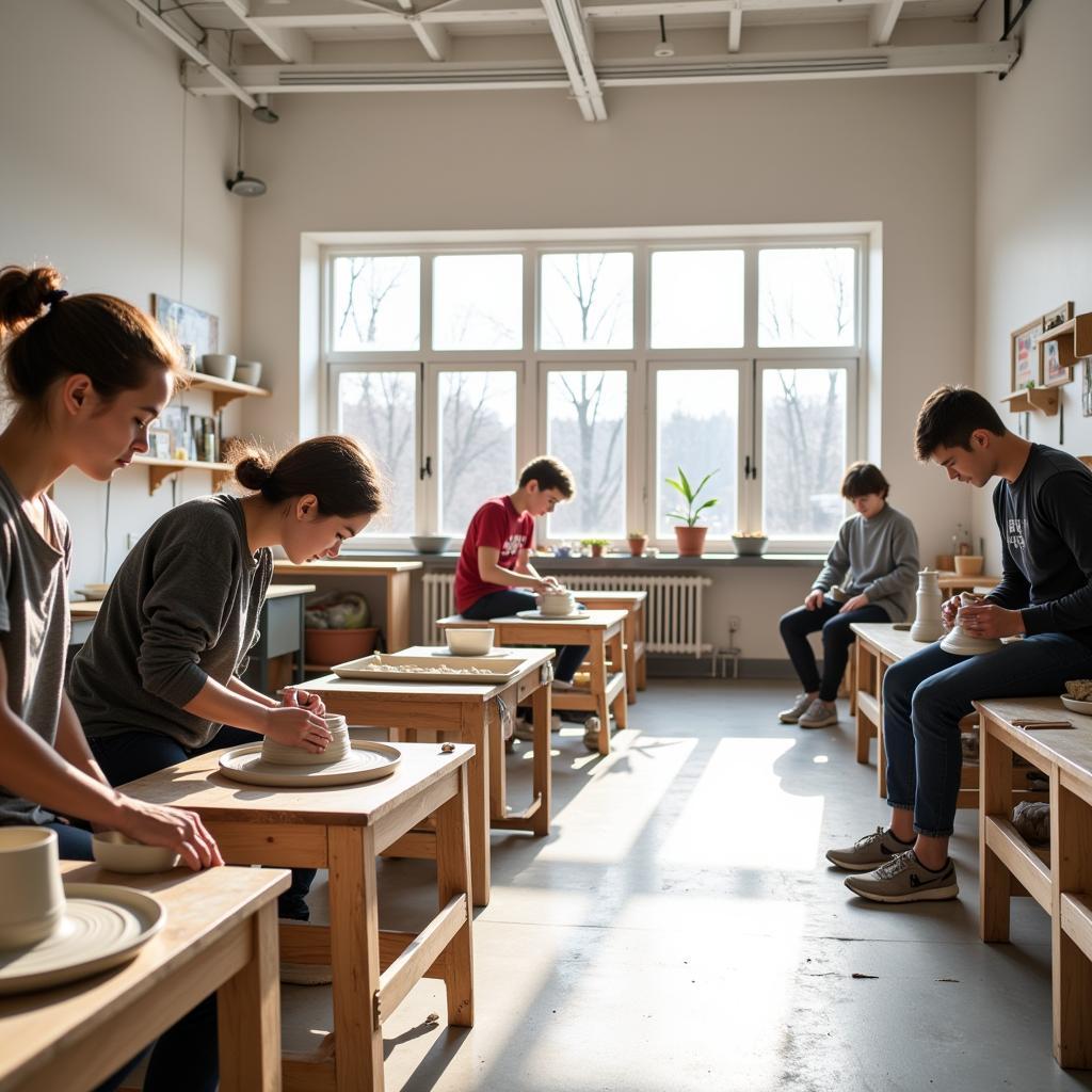 Students working on pottery wheels in a ceramics class in Ann Arbor, MI.