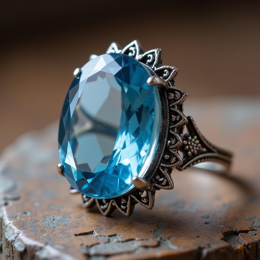 Antique Art Deco Blue Topaz Ring Filigree