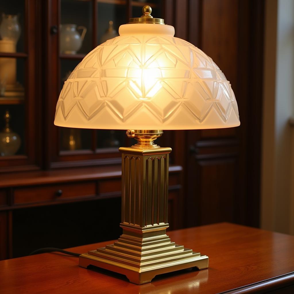 Antique Art Deco Desk Lamp with Brass and Glass Shade