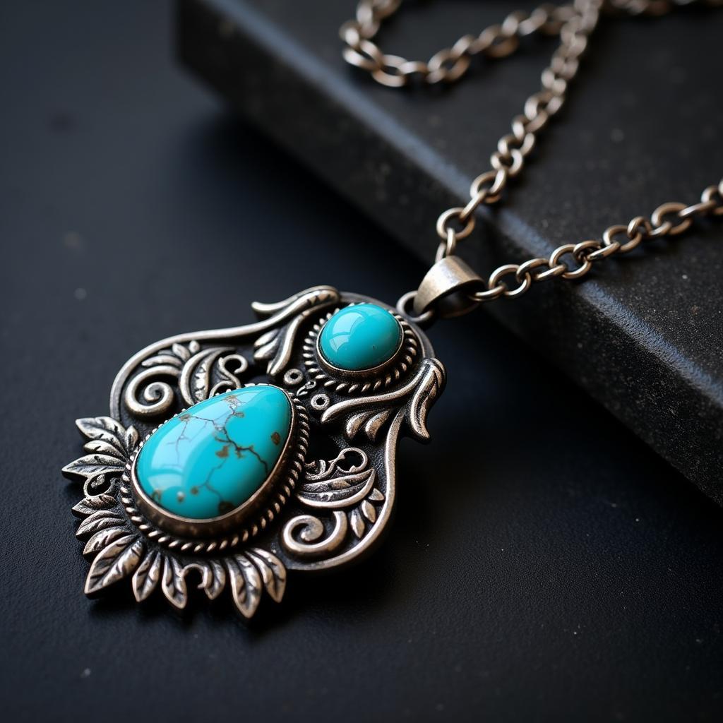 Antique Arts and Crafts Silver Necklace with Turquoise Pendant