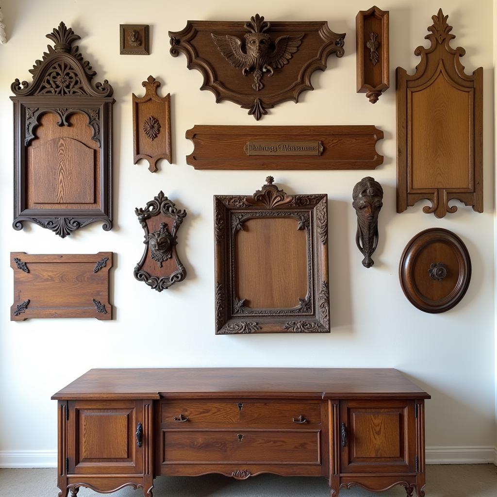 Various antique wood wall art pieces displayed in a gallery setting.