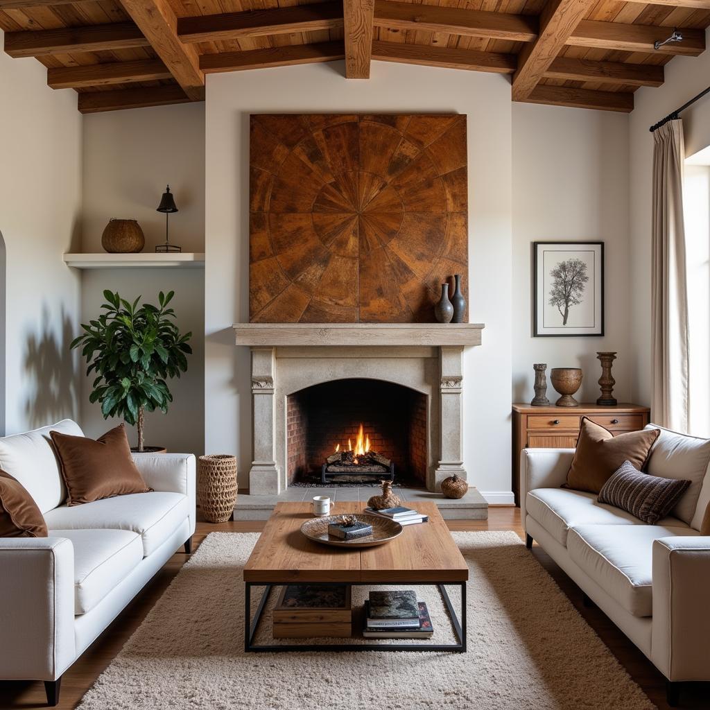 Antique wood wall art adds rustic charm to a modern living room