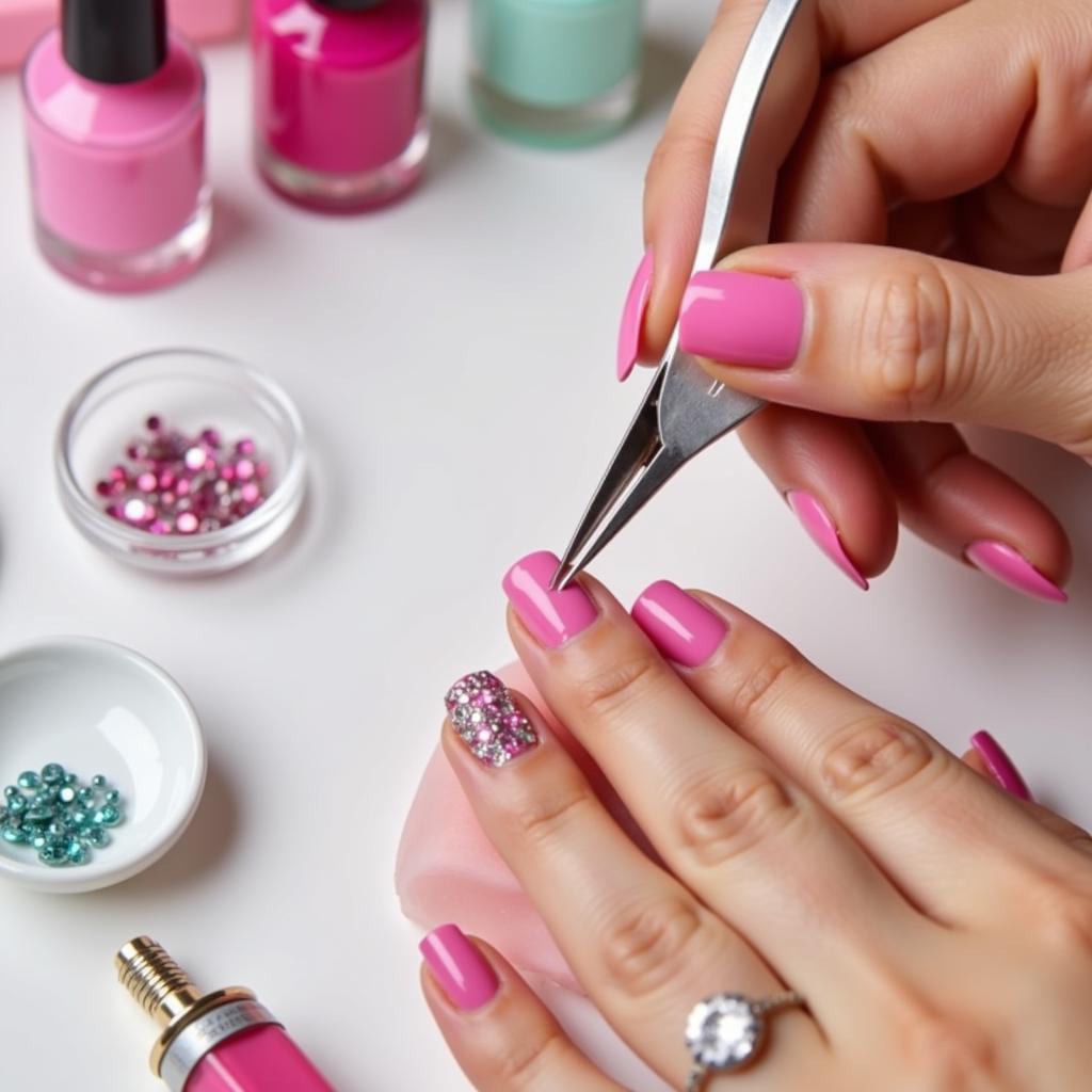 Applying Rhinestones to Pink Nails