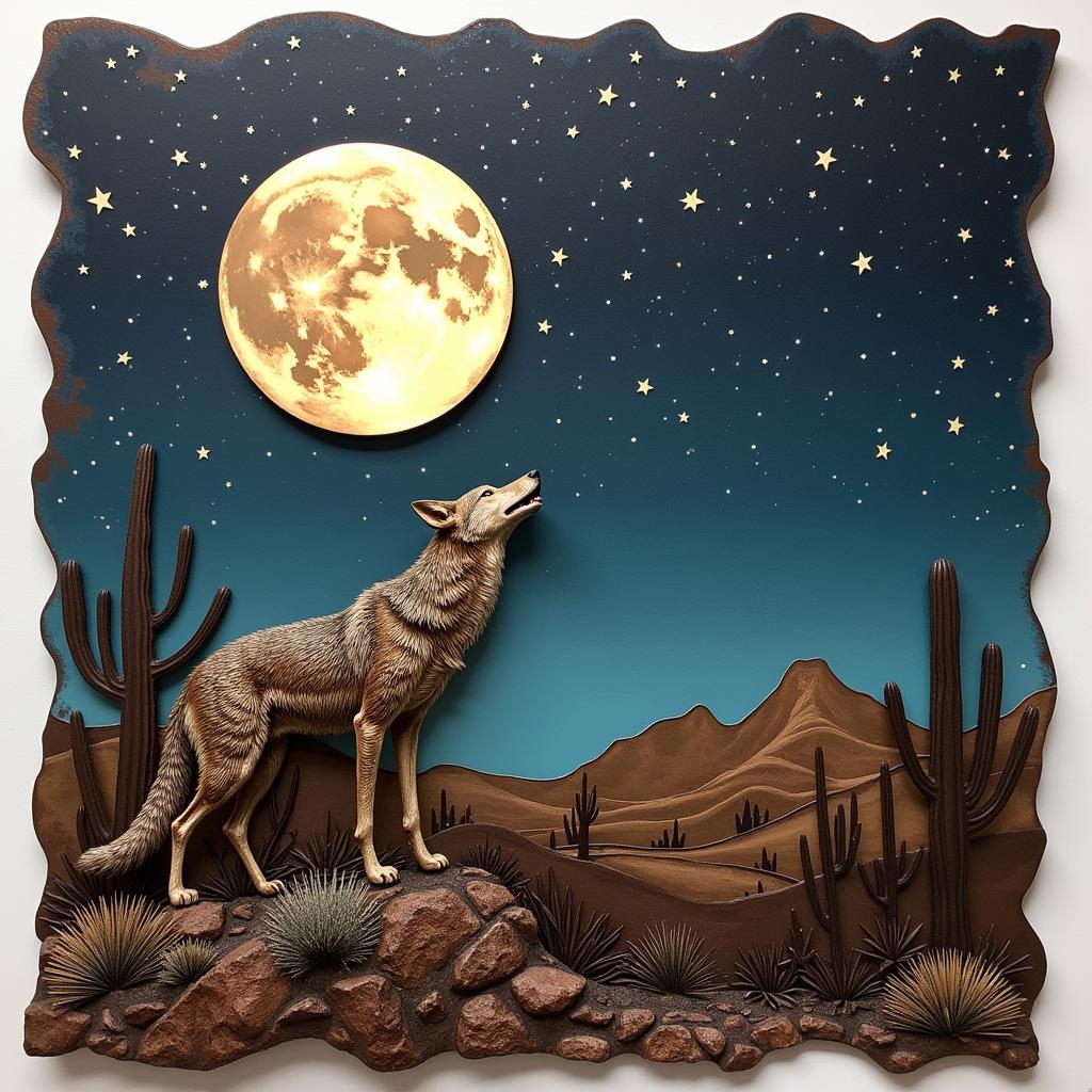 Arizona metal wall art depicting a howling coyote under a starry night sky