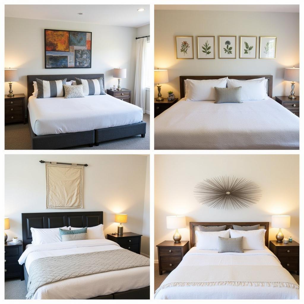 Art above a king size bed ideas: showcasing a diverse range of styles, sizes, and framing options, demonstrating how different pieces can enhance the bedroom's ambiance.