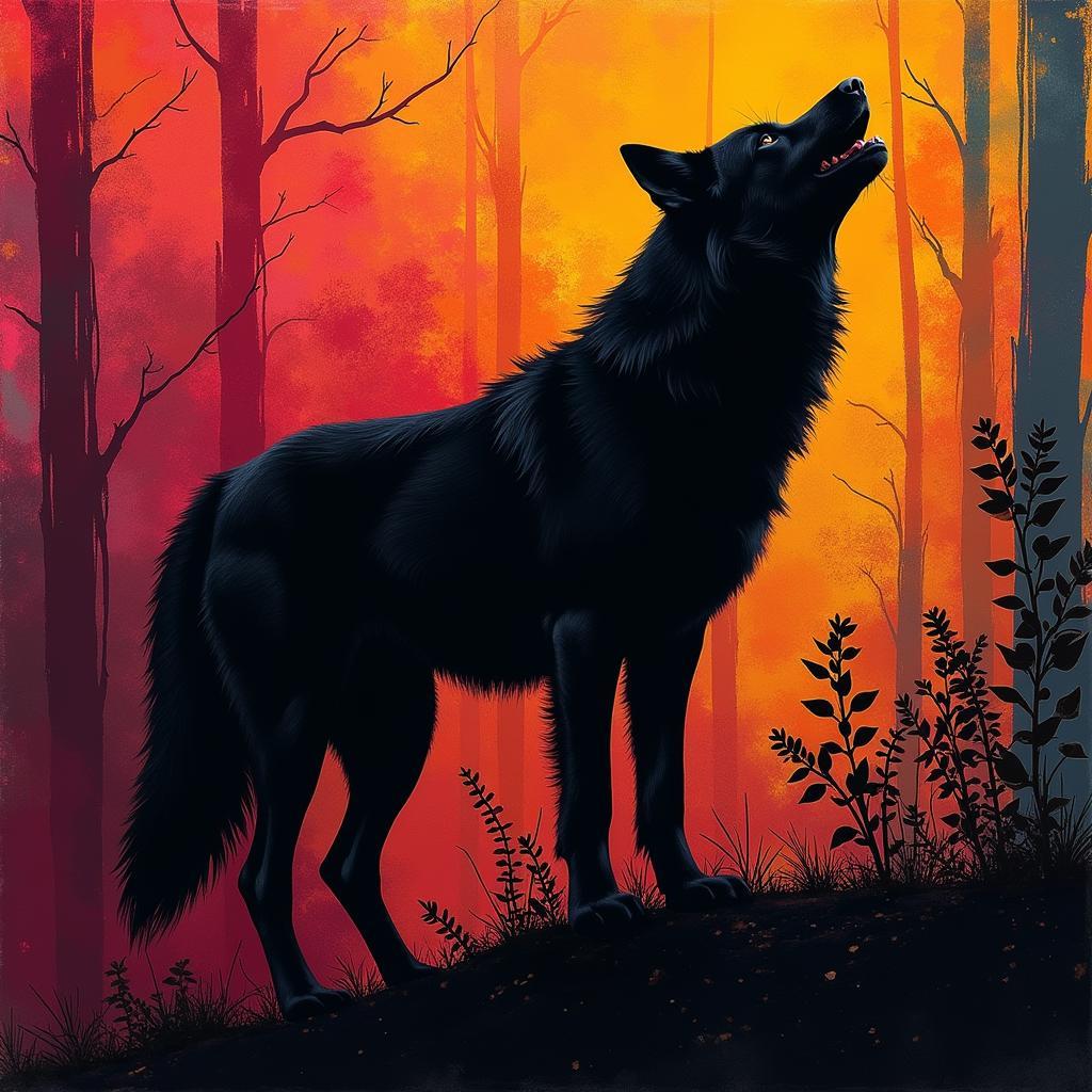 Abstract Digital Design Featuring a Black Wolf Silhouette