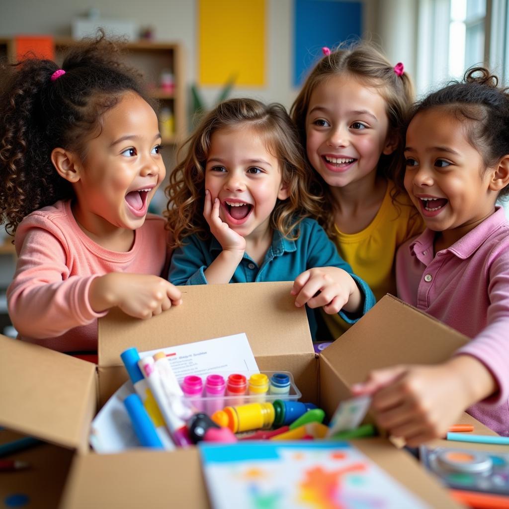 Kids excitedly unboxing an art subscription box filled with colorful supplies and project guides.