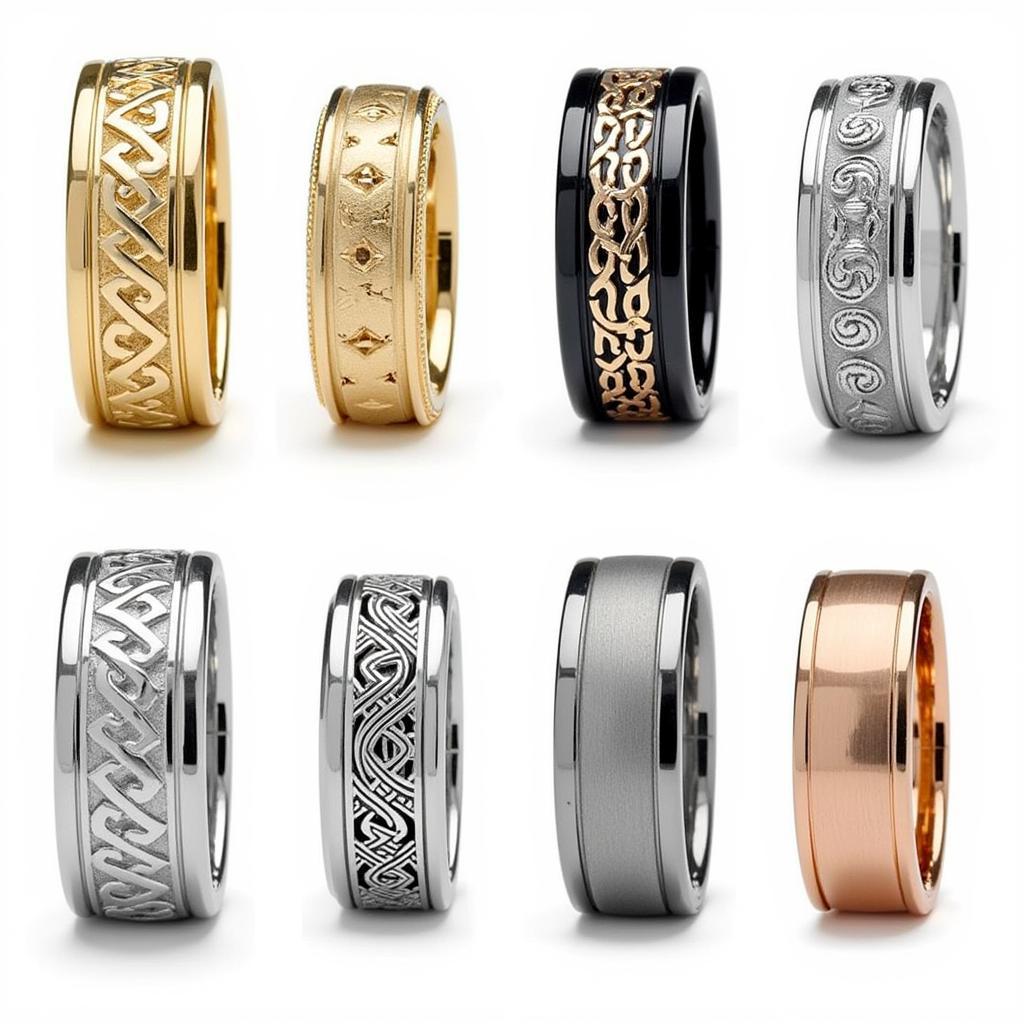 Various styles of art carved men's wedding bands showcasing different designs and metals.