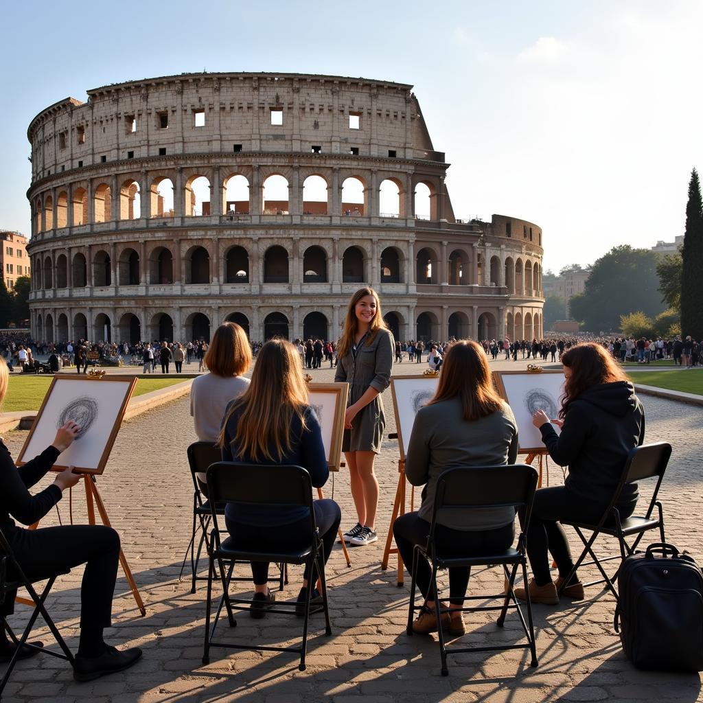 Students sketching the Colosseum in Rome during an art class