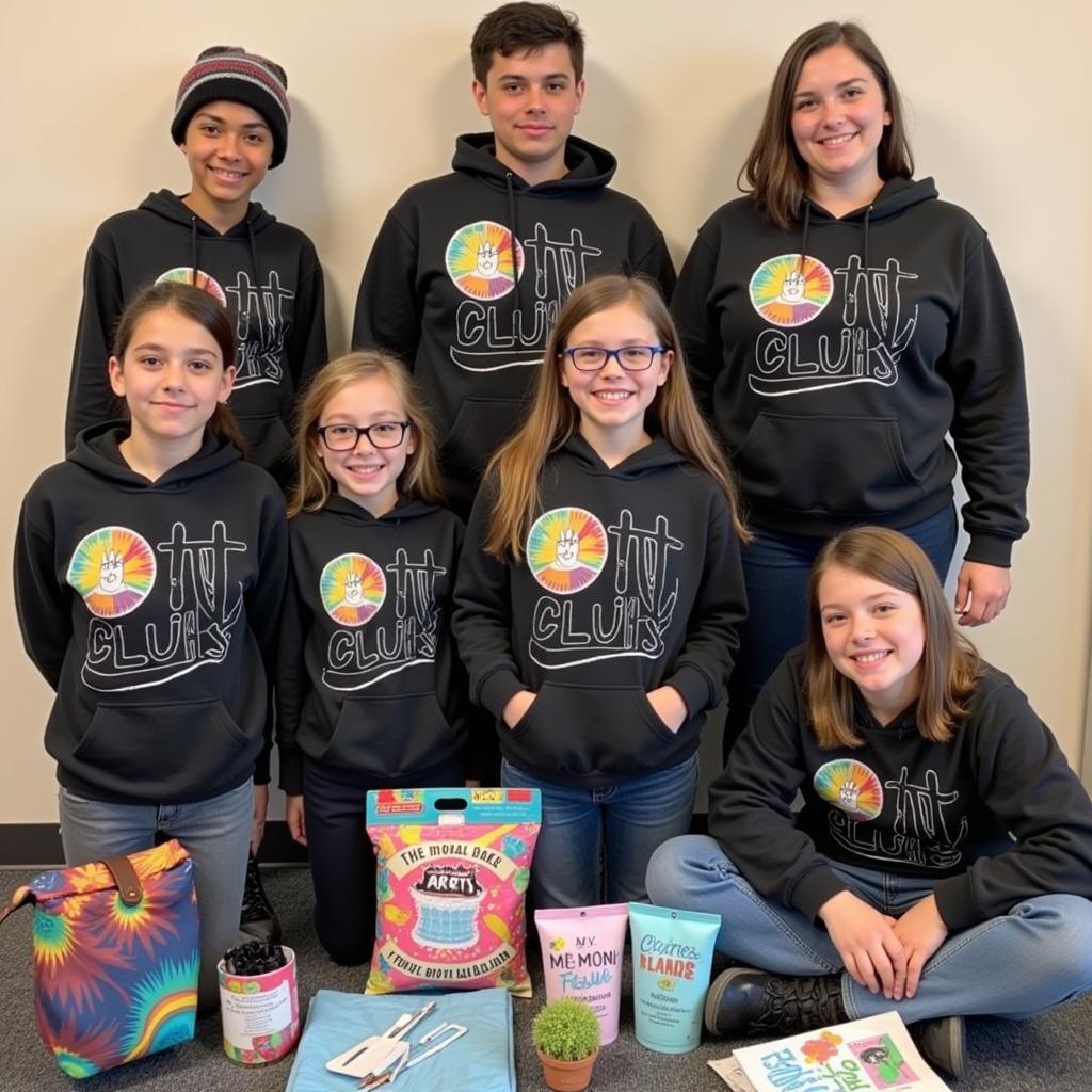 Students wearing custom-designed art club hoodies and accessories like beanies and tote bags.