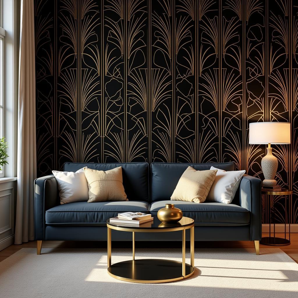 A living room decorated with art deco black and gold wallpaper.