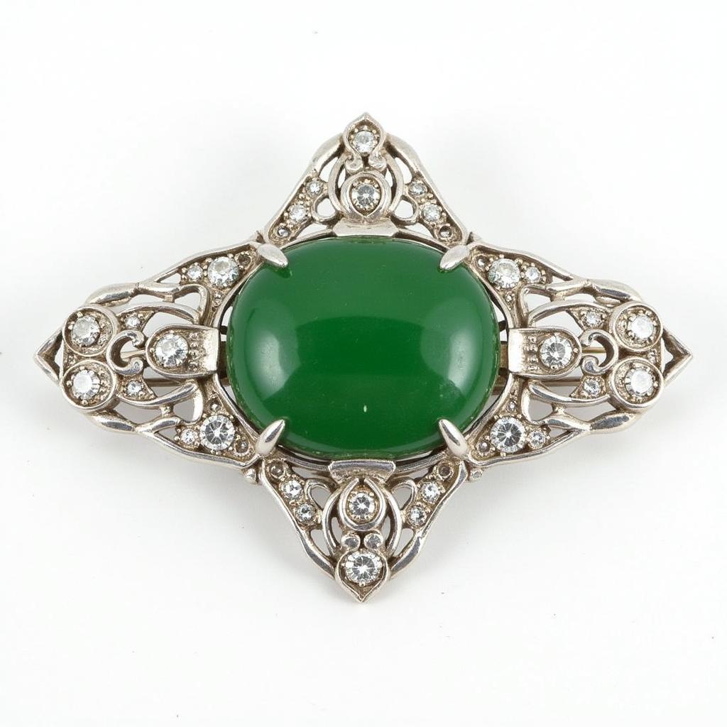 Art Deco Brooch with Geometric Design featuring Jade and Diamonds