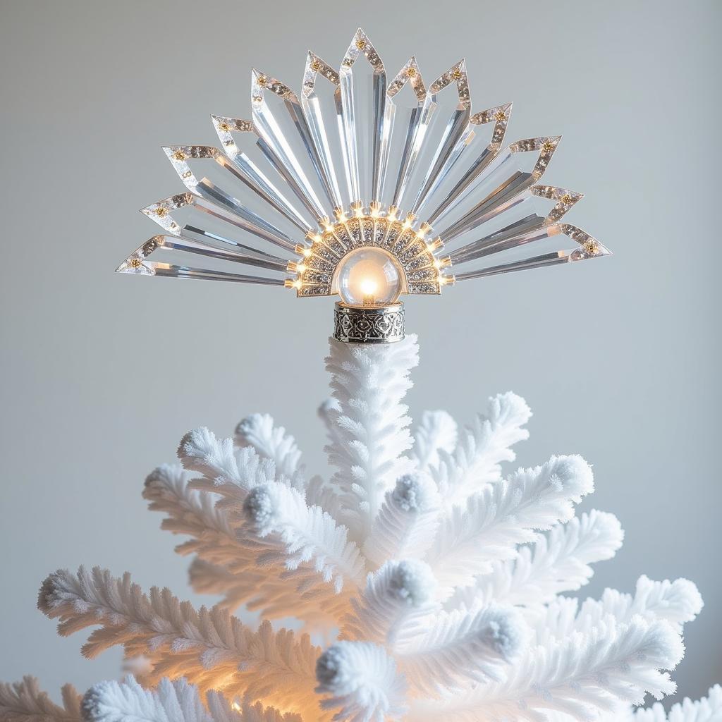 Crystal fan Art Deco Christmas tree topper adorning a white Christmas tree.