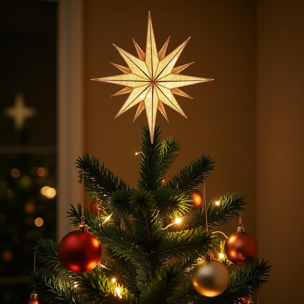 Gold geometric Art Deco Christmas tree topper shining brightly on top of a lush green Christmas tree