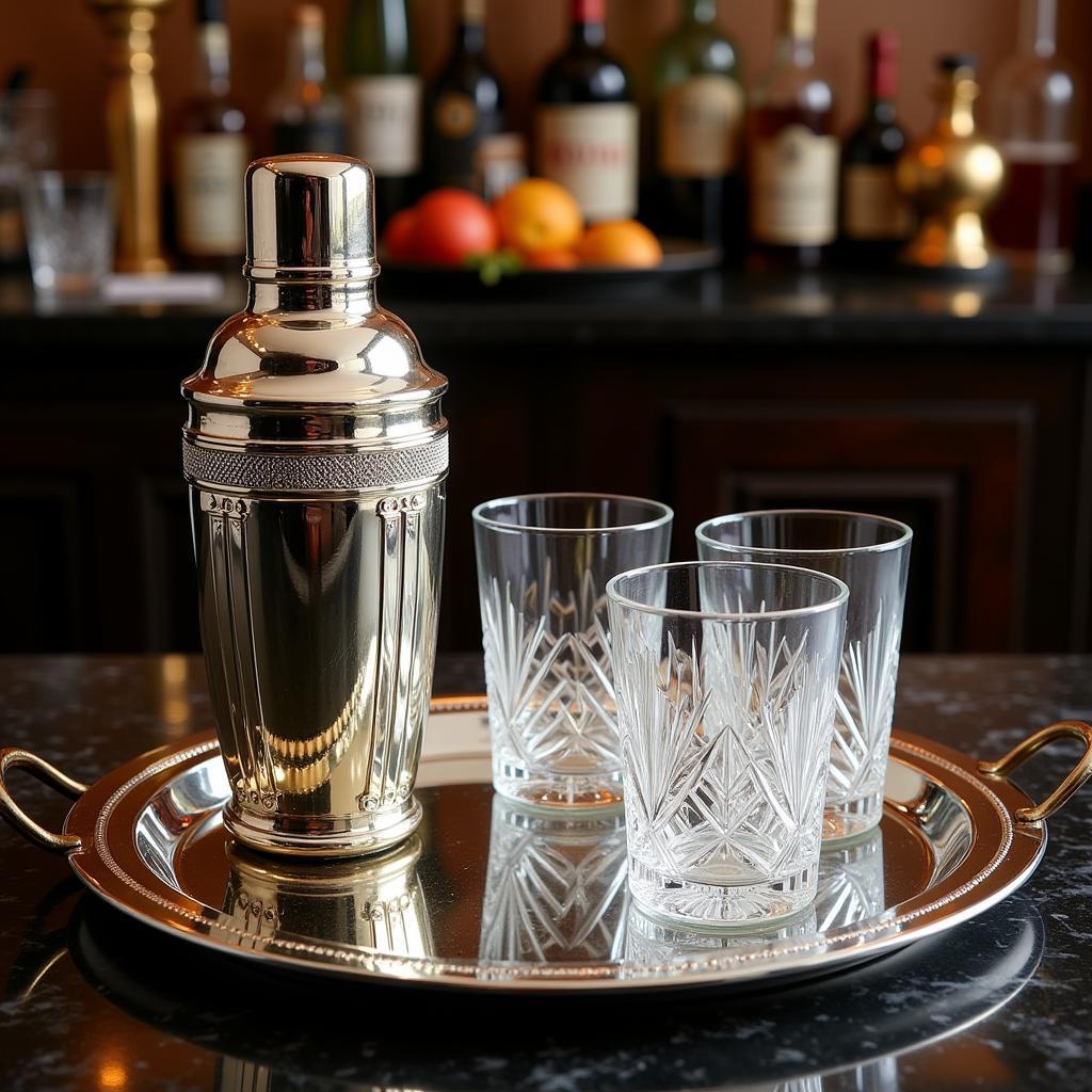 A gleaming silver art deco cocktail set, complete with a shaker, glasses, and serving tray, arranged on a polished bar top.