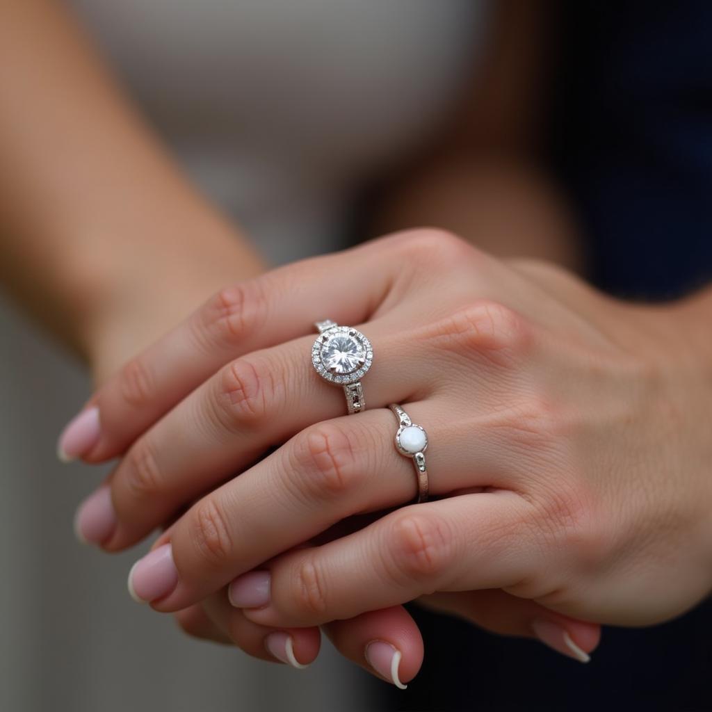 Close-up of a couple's hands showcasing an art deco moissanite engagement ring